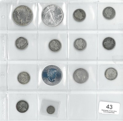 Lot 43 - USA Silver Dollar 1922D contact marks Fine, 1oz 'Silver Eagle' 1988 BU & 7 x quarter dollars:...