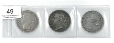 Lot 49 - Victoria, 3 x Young Head Crowns comprising: 1844 V111, star stops, edge pinholes at 9 & 3...