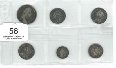 Lot 56 - 6 x Miscellaneous English Silver Coins comprising: shilling 1696 1st bust, good edge &...