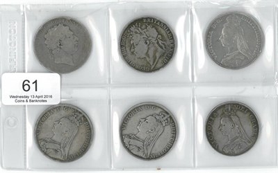 Lot 61 - 5 x English Silver Crowns comprising: 1820 LX Fair, 1822 TERTIO contact marks & edge...