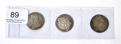 Lot 89 - George II, 3 x Shillings: 1735 young laureate & draped bust, roses & plumes in angles, small dig in