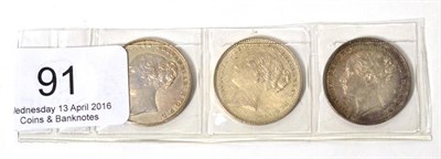 Lot 91 - Victoria, 3 x Young Head Shillings comprising: 1853 lustrous VF/GVF, 1883 GVF or+ & 1885 hairlines