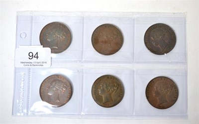 Lot 94 - Victoria, 6 x Copper Pennies comprising: 1841 OT no colon after REG, lustre traces in legends &...