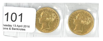 Lot 101 - Victoria, 2 x 'Shieldback' Sovereigns: 1843 & 1844, both with minor contact marks, AVF/VF