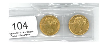 Lot 104 - Victoria, 2 x 'Shieldback' Sovereigns: 1852 contact marks & faint scratch on queen's neck...