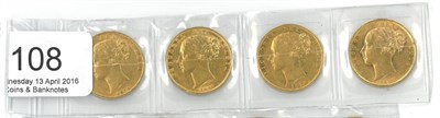 Lot 108 - Victoria, 4 x 'Shieldback' Sovereigns: 1875s, 1877s, 1878s & 1885s, generally AVF to GVF  (revs...