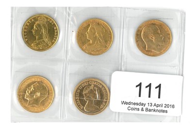 Lot 111 - 5 x Half Sovereigns: 1887JH, 1894 Fine, 1902, 1913 & 1982 BU, AVF to VF unless o/wise graded