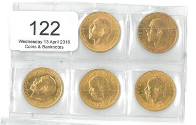 Lot 122 - George V, 5 x Sovereigns, all Pretoria Mint: 1925SA, 1926SA, 1928SA, 1929SA & 1930SA, VF to GVF