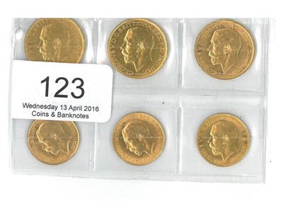 Lot 123 - George V, 3 x Sovereigns: 1911S, 1912S & 1913M & 3 x half sovereigns: 1911, 1913 & 1925SA, AVF...