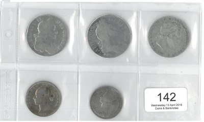 Lot 142 - 5 x English Silver Coins comprising: 3 x crowns: Charles II 1680 T.SECVNDO, obv. edge bumnp at...