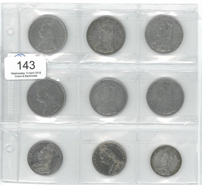 Lot 143 - Victoria, 9 x Jubilee Head Silver Coins comprising: 6 x double florins: 1887A digs on bust,...