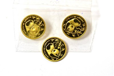 Lot 157 - China, 3 x Gold 5 Yuan 1985, Panda series, each 1/20oz (1.55g) .999 gold, obv. Temple of...