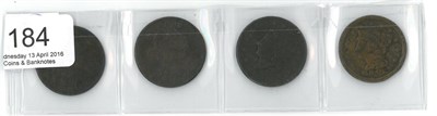 Lot 184 - USA, 4 x Large Cents comprising: 1802 Draped Bust, fraction error 1/000, marks & scratches both...