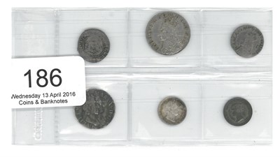 Lot 186 - 6 x Miscellaneous English Silver Coins comprising: James I half groat third issue no MM, flat spots