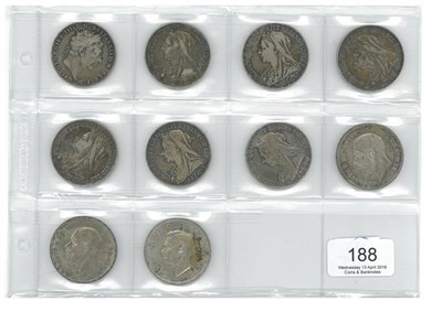 Lot 188 - 10 x Silver Crowns comprising: 1819 L1X, 1893 LV1, 1896 LX edge bumps, 1897 LX1 rev. edge knock...