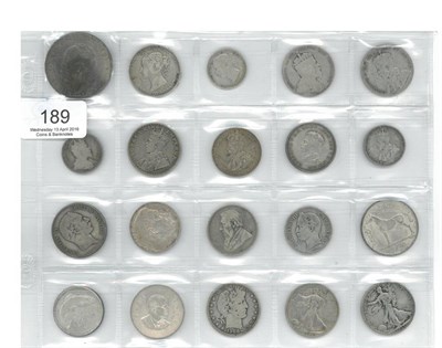 Lot 189 - 20 x Foreign Silver Coins comprising: Netherlands 2½ guilders 1938; Newfoundland 50 cents 1896 &