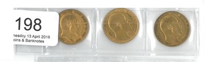 Lot 198 - Edward VII, 3 x Sovereigns: 1903, 1907 & 1908  GFine to AVF