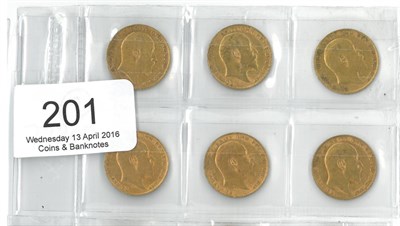 Lot 201 - Edward VII, 6 x Half Sovereigns: 1902, 1906, 1907, 1908, 1909 & 1910 Fine to AVF