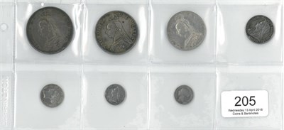 Lot 205 - Victoria, 7 x Silver Coins comprising: crown 1887 a few surface marks, small edge knock below...