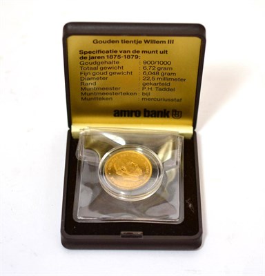 Lot 208 - Netherlands, Gold 10 Guilders 1875, obv. bust of Willem III, 6.74g, .900 gold; cased, lustrous...