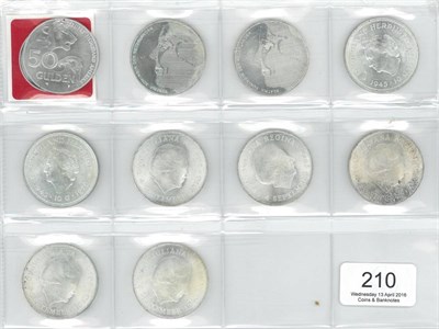 Lot 210 - Netherlands, 10 x Crown-Size Commemorative Silver Coins comprising: 3 x sterling silver 50 guilders