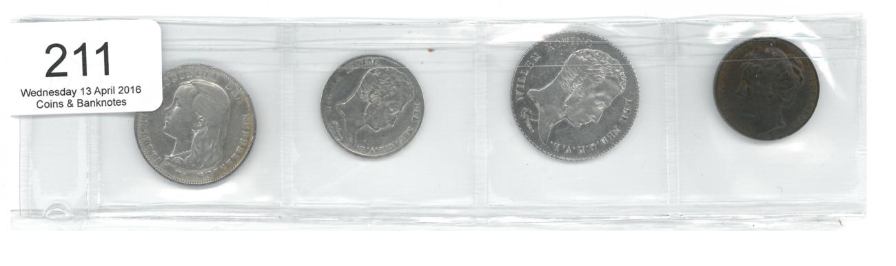 Lot 211 - Netherlands, 3 x 19th Century Silver Coins comprising: 1 guilder 1892 obv. young head of Wilhelmina