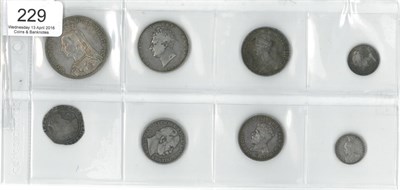 Lot 229 - 5 x Miscellaneous English Silver Coins comprising: crown 1889 minor contact marks & trivial rim...