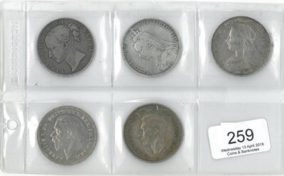 Lot 259 - 5 x Silver Crowns comprising: 1845 cinquefoil stops, contact marks, shield weak VG to AFine;...