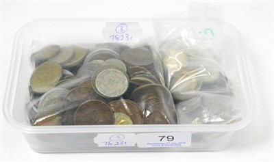 Lot 79 - 250+ Foreign Coins, including 58 x silver (weight 306g) a few ex-mount, holed or o/wise damaged