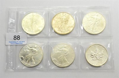 Lot 88 - USA, 5 x 1oz 'Silver Eagle' Dollars: 1995(x2), 1998, 1999 & 2000, together with Canada 1oz...