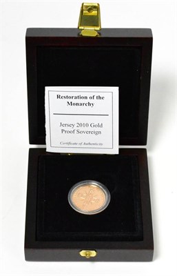 Lot 102 - Jersey, Gold Proof Sovereign 2010 'Restoration of the Monarchy,' rev. design based on rev of...