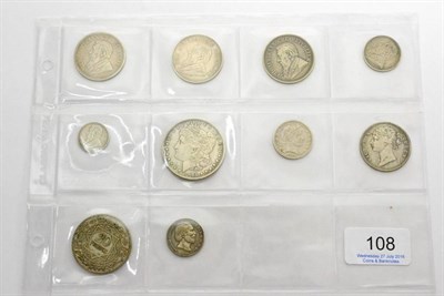 Lot 108 - 10 x Foreign Silver Coins comprising: South Africa 3 x halfcrowns: 1892, 1896 & 1897, shilling 1897