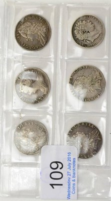 Lot 109 - 6 x Sixpences comprising: 1696 1st bust, early harp, large crowns GFine or+, 1711 3rd bust,...