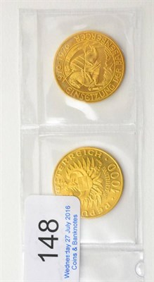 Lot 148 - ~Austria, 2 x Gold 1000 Schilling 1976 ' Babenberg Dynasty Millennium' obv. heraldic eagle,...