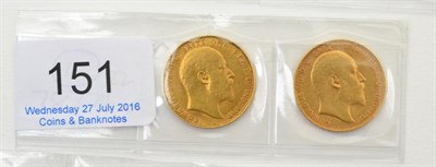 Lot 151 - Edward VII, 2 x Sovereigns: 1907 & 1907P, both with contact marks, Fine to GFine