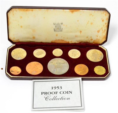 Lot 174 - Proof Set 1953, 10 coins farthing to crown, in CofI, FDC