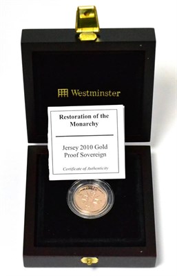 Lot 185 - Jersey, Gold Proof Sovereign 2010 'Restoration of the Monarchy,' rev. design based on Charles...