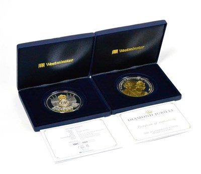 Lot 202 - Guernsey, Queen's Diamond Jubilee 5 Ounce Silver Proof £10 2012, obv. gold-plated double...