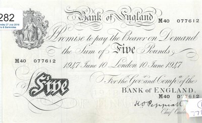 Lot 282 - BofE White £5, Peppiatt London June 10 1947 (M40), minor wrinkling o/wise a clean note AEF