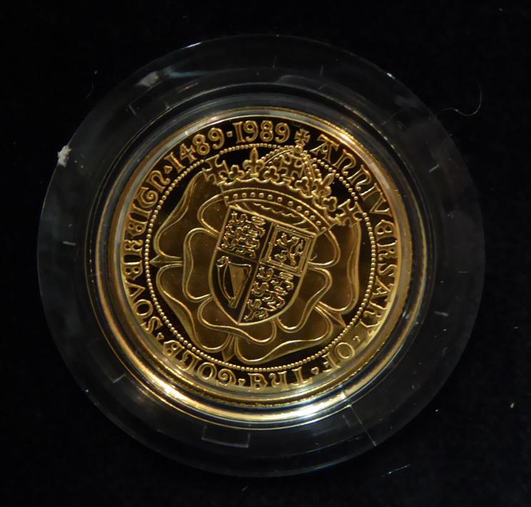 Lot 187 - Proof Sovereign 1989 '500th Anniversary of the First Gold Sovereign 1489-1989,' with cert, in CofI