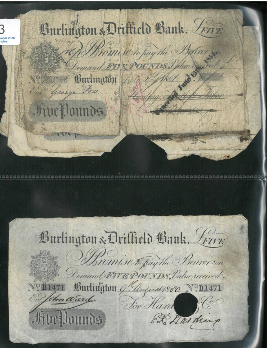 Lot 273 - Bridlington: Burlington & Driffield Bank, 5 x £5 Notes comprising: Oct 10th 1845, April 20th...