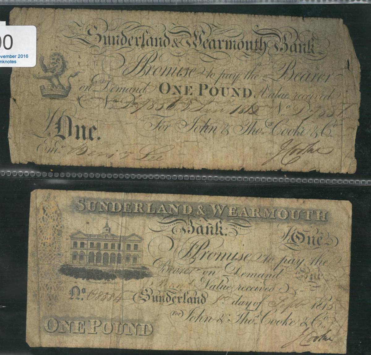 Lot 300 - Provincial Banknotes: Sunderland & Wearmouth Bank 2 x £1 for John & Thoms  Cooke & Co: Jan...