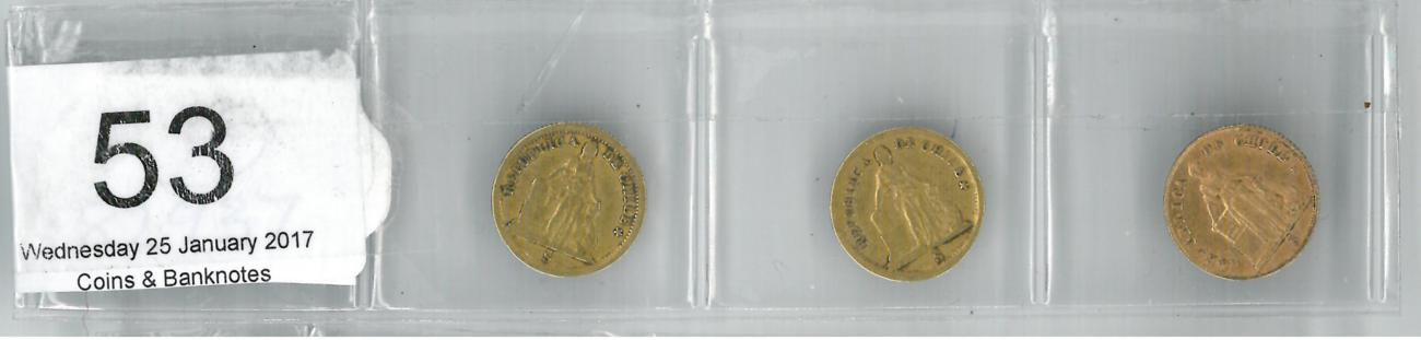 Lot 53 - Chile, 3 x Gold 1 Peso: 1860 1.43g, .900 gold Fine, 1863 1.46g, .900 gold AFine & 1873 1.54g,...