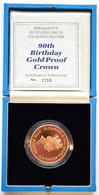 Lot 31 - Gold Proof Crown 1990 'Queen Mother's 90th Birthday,' 40.38g, with cert, in CofI, FDC