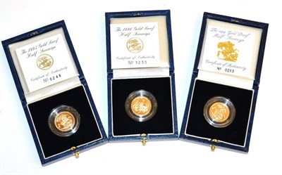 Lot 42 - 3 x Proof Half Sovereigns: 1994, 1995 & 1996, with certs, in individual CofI, FDC