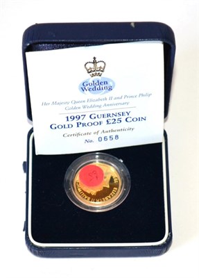 Lot 73 - Guernsey, Gold Proof £25 1997 'Golden Wedding,' 7.87g, 24ct gold, with cert, in Westminster case