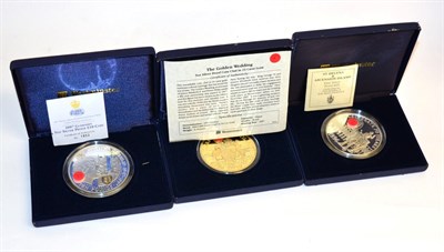 Lot 78 - 3 x 5oz Silver Proof Coins comprising: (1) Guernsey £10 1997 'Golden Wedding,' 65mm, 155.5g,...