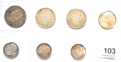 Lot 103 - 7 x Foreign Silver Coins comprising: Spain 5 pesetas 1871 (74) DE-M, minor edge imperfections &...