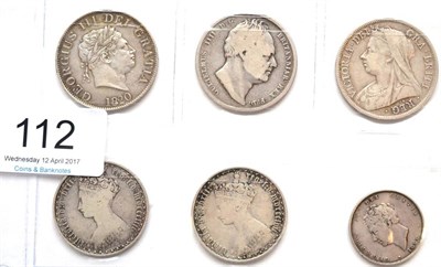 Lot 112 - 6 x 19th century English Silver Coins comprising: 3 x halfcrowns: 1820 (George III small...