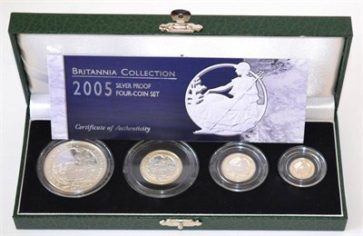 Lot 114 - Britannia 4-Coin Silver Proof Set 2005 comprising: £2, £1, 50p & 20p, with cert, in CofI, FDC